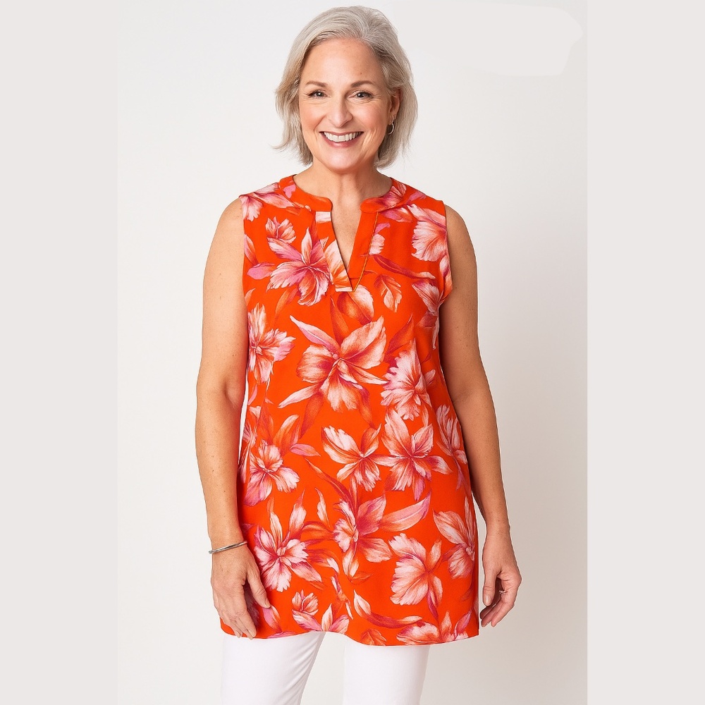 Anne Klein Rich Camellia Floral Sleeveless Tunic Top Orange Size Medium NWT/NEW